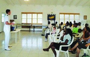 Last week while visiting Anguilla, three Officers from the Royal Fleet Auxiliary Wave Knight gave an interesting presentation  about what it’s like to work at sea.  A crowd composed mainly of teens, came out to learn about the ship and the people who work on board.