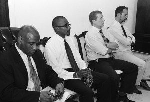 L-R: Mr. Kennedy Byron, (Director of Banks Supervision) Dr. Aidan Harrigan, Mr. Richard Holmwood (Overseas Territories Directorate) and Mr. Steve McCready (Governor's Office)