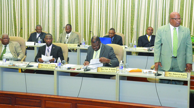 Chief Minister Hughes and Leader of the Opposition Evans Rogers addressing the Speaker Mrs. Barbara Webster-Bourne