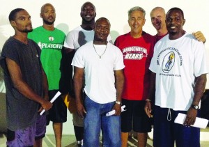 Basketball Coaches (from l to r): Eldon Webster, Rudy Webster, Delano Mussington, Kerriel "Bambi" Lewis, Coach Joe Farroba, Coach Brian Ferris, Merrick Richardson.