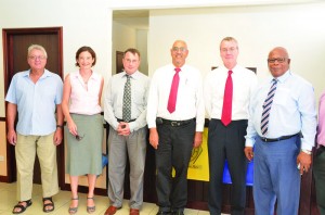 At the Medical School L-R: Dr Bruce Davidson, Governor Christina Scott, Dr. Alexey Podchetro, Dr. Claude Iliou, Dr. Peter Hayes(OT Director) and Chief Minister Hughes