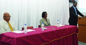 Chief Minister Hughes, Education Officer Ms Susan Smith and Education Minister Mr Jerome Roberts