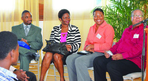 Deputy Governor Stanley Reid, PS Chanelle Petty Barrett, Mrs Hyacinth Bradley and Mr Henry Charles