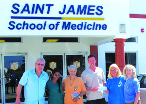 L – R: Bruce Davidson, Dean of Students, Delini Sivakumar Vice President of St James School of Medicine Student Government, Joan Hill AARF volunteer, Kurtis Carlson, President of St James School of Medicine Student Government ,Suzie Donahue, AARF Spay/Neuter chair and  Sally Baumwell, AARF Adoption Chair