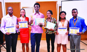 1st, 2nd and 3rd place winners. From left to right are Kasem Thompson, Sabrina Connor, Kevin Thompson (male winner), T'arah Niles (female winner), Lydecia Laud, and Malik Richard.