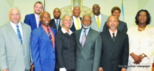 L-R (Front row): Terry Harrigan, Cardigan Connor, Pam Webster, Leroy Rogers, McNiel Rogers, Evalie Bradley (Back row): Rupert Jones, Stanley Reid, CM Victor Banks, Curtis Richardson and Cora Richardson-Hodge