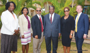 L-R Mrs. Evalie Bradley, Minister Cora Richardson Hodge, Minister Evans McNiel Rogers,  Sir Dennis Byron, Justice Cheryl Mathurin and AG John McKendrick QC